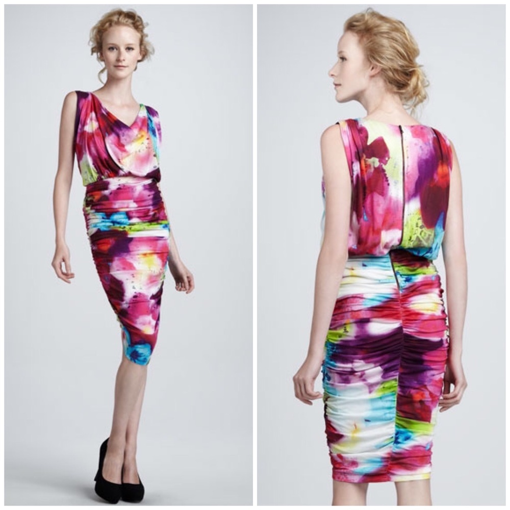 Alice + Olivia Drape Neck Watercolor Dress L